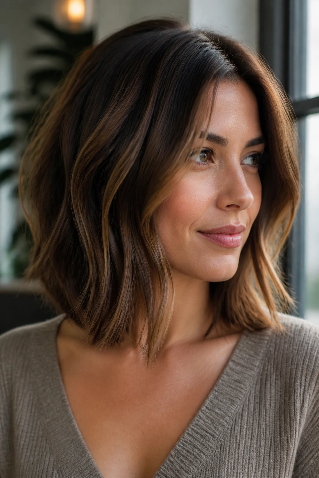 Close-up portrait of a real woman with a shoulder-length lob in warm brunette tones showing defined edge and color depth.
