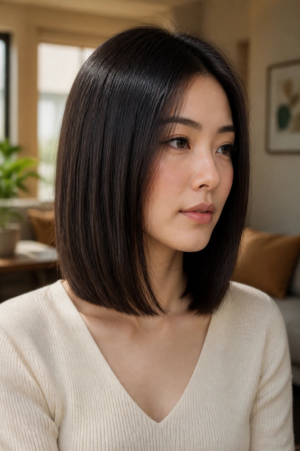 Close-up portrait of an Asian woman with a sleek lob haircut in natural light