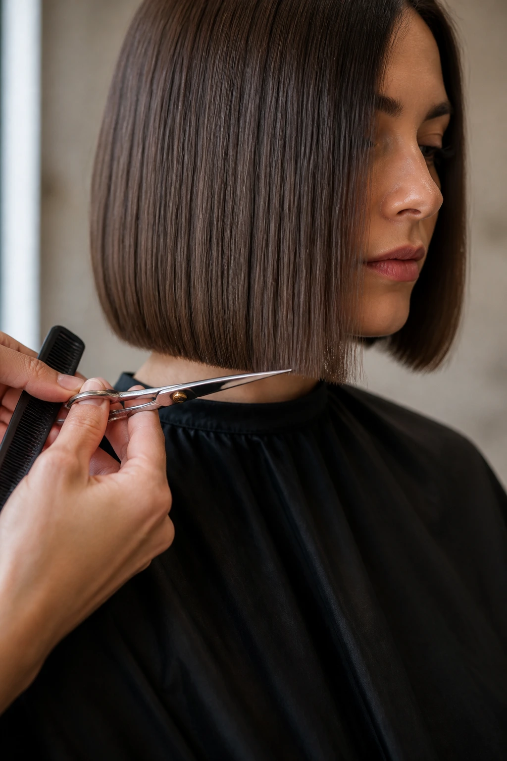 Close-up of blunt lob edge being trimmed on a real person in a salon.