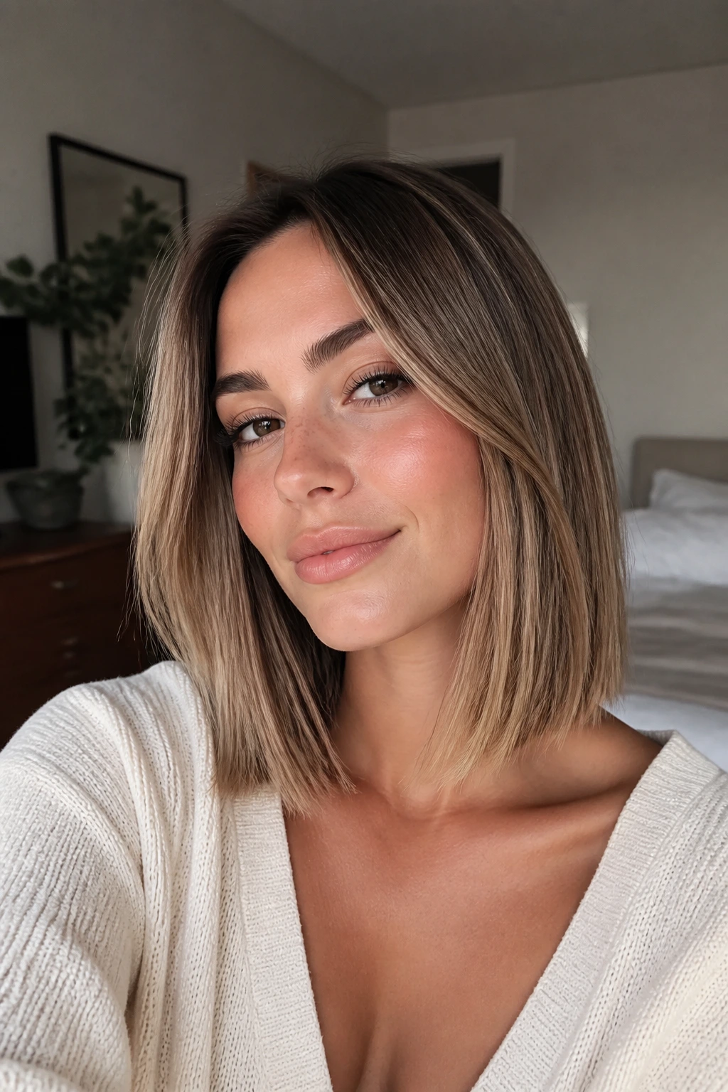 Close-up portrait of a real woman with a collarbone-length lob haircut in warm window light