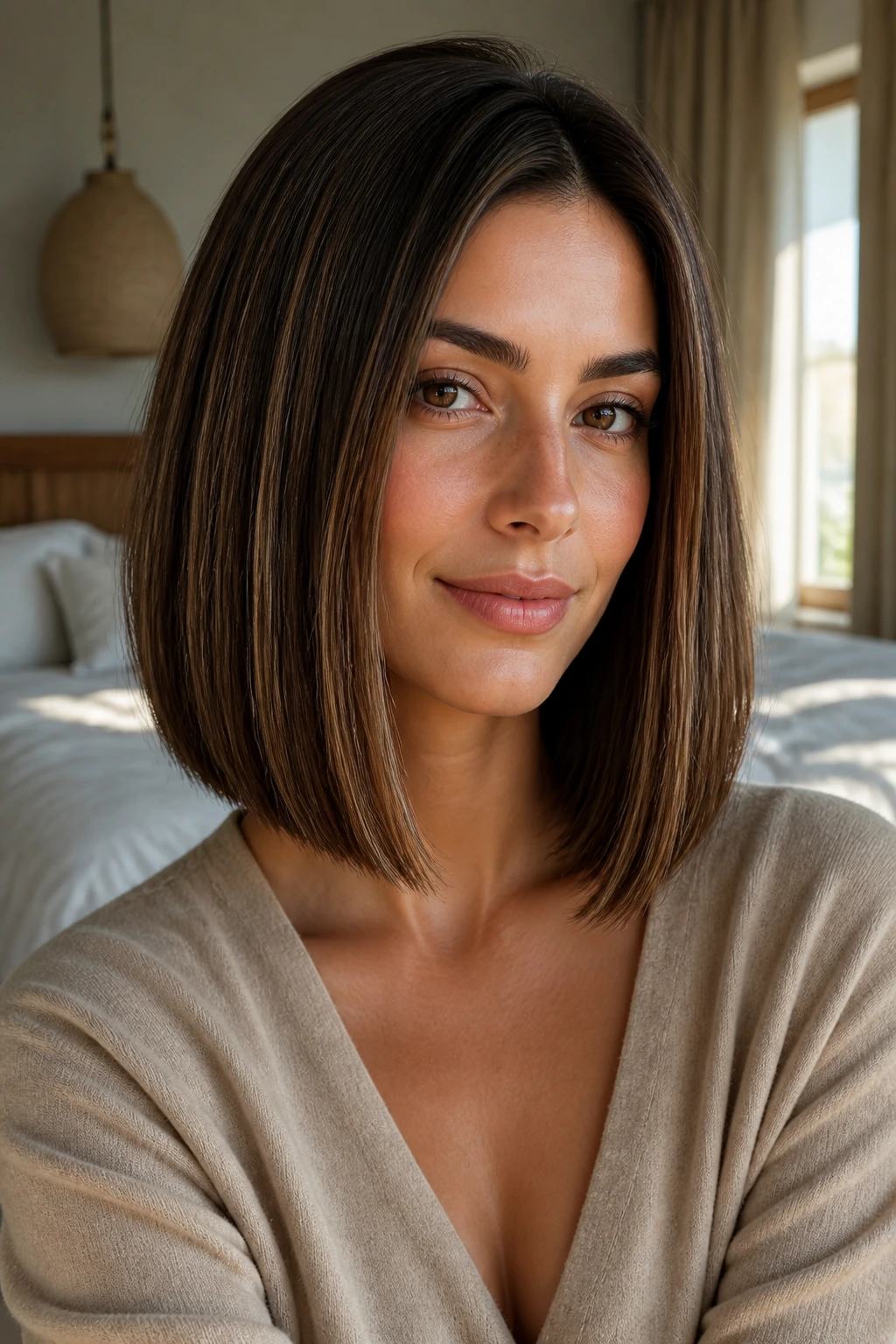 Close-up portrait of a real person with a collarbone-length lob, full ends and smooth perimeter.