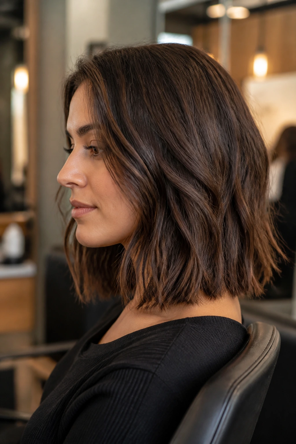 Side-profile portrait of a woman with a collarbone-length lob in a salon chair.