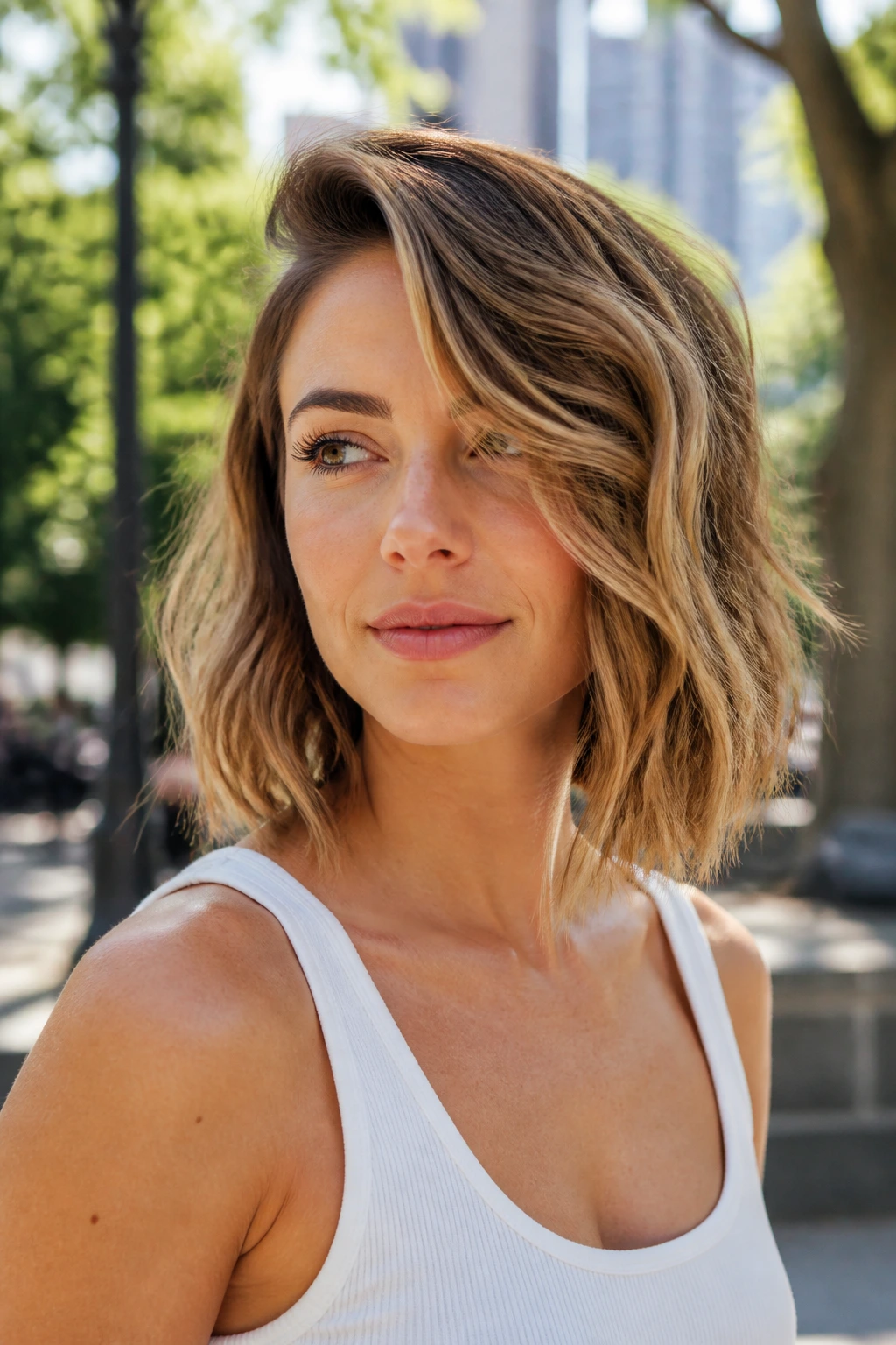 Portrait of a woman with wavy lob and deep side part in park sunlight.
