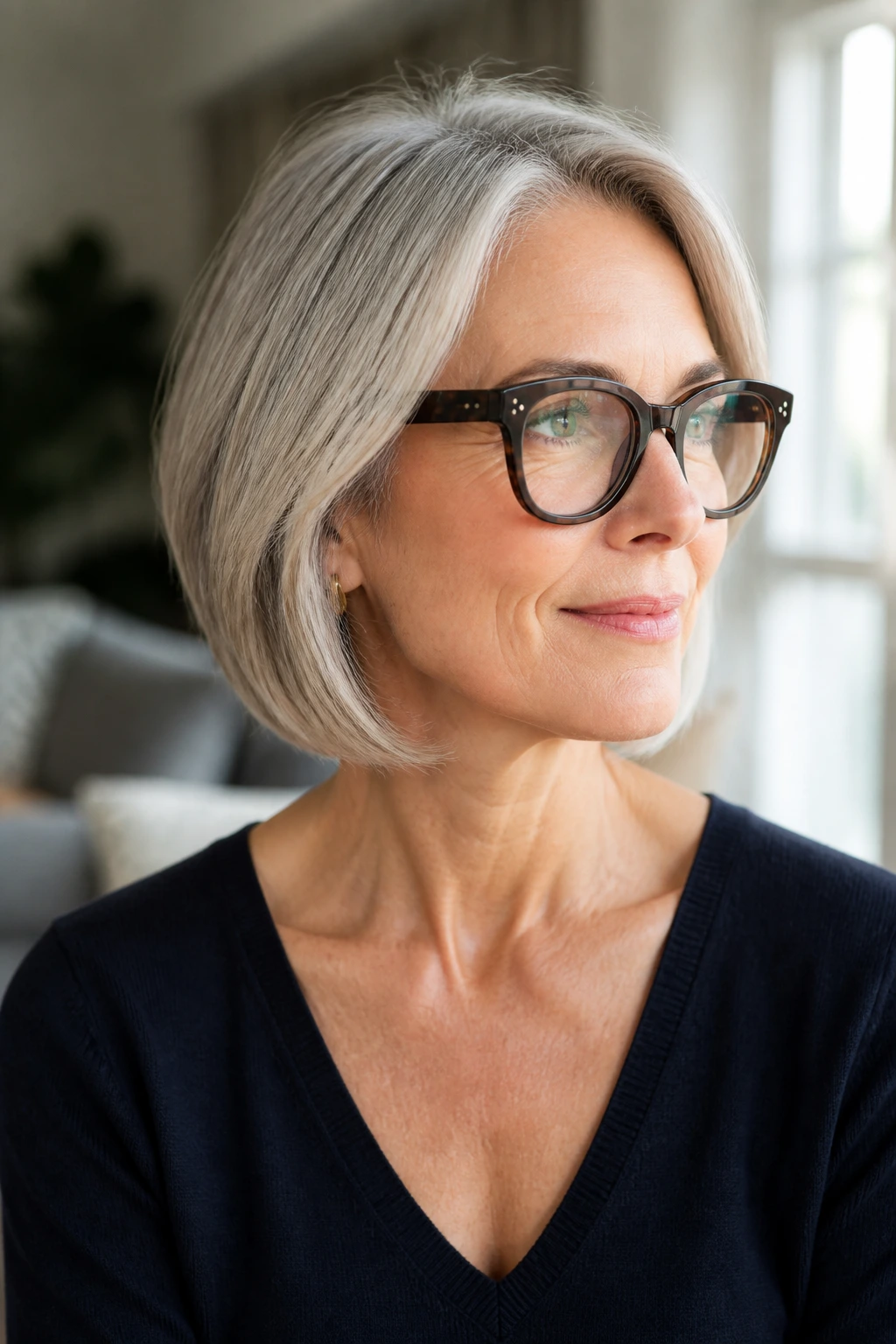Portrait of a woman with gray hair and a lob haircut wearing glasses