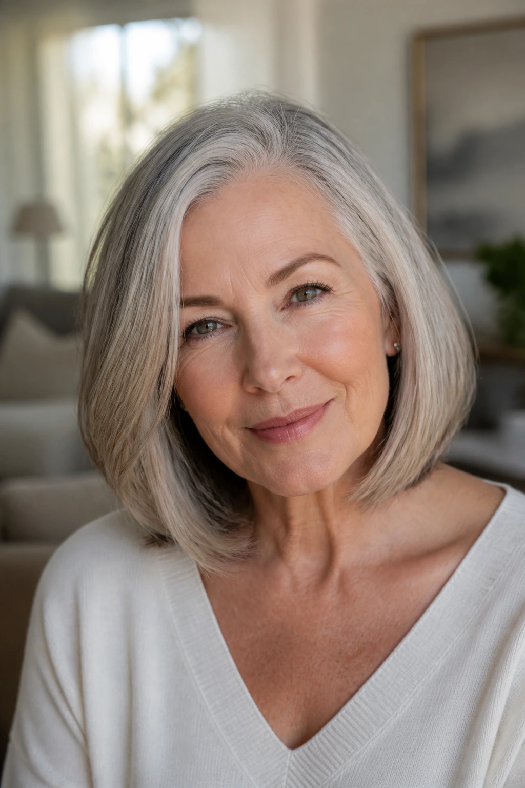 Portrait of an older woman with a collarbone-length lob in a sunlit living room