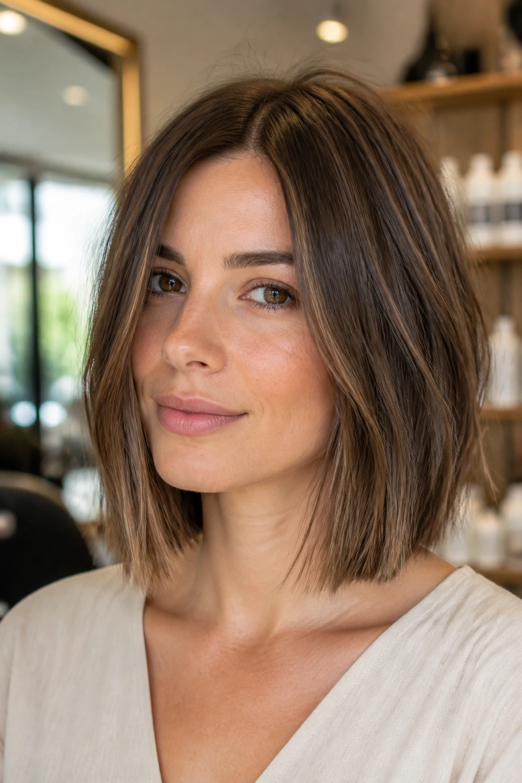 Close-up portrait of a real woman with a blunt lob for an oval face under warm window light