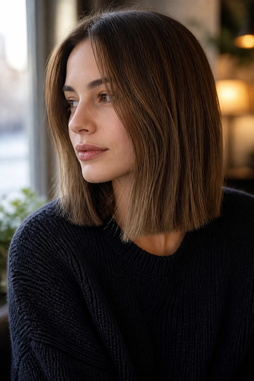 Portrait of a real person with a classic lob cut, showcasing a timeless and versatile hairstyle