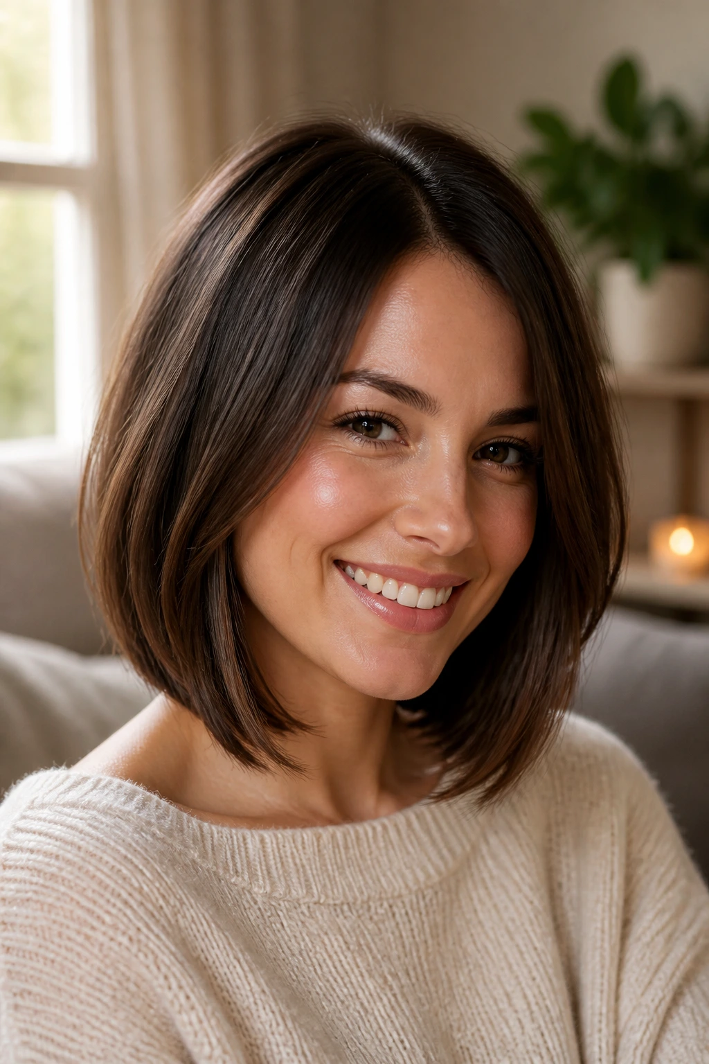 Close-up portrait of a real woman with a shape-maintaining lob haircut in natural light