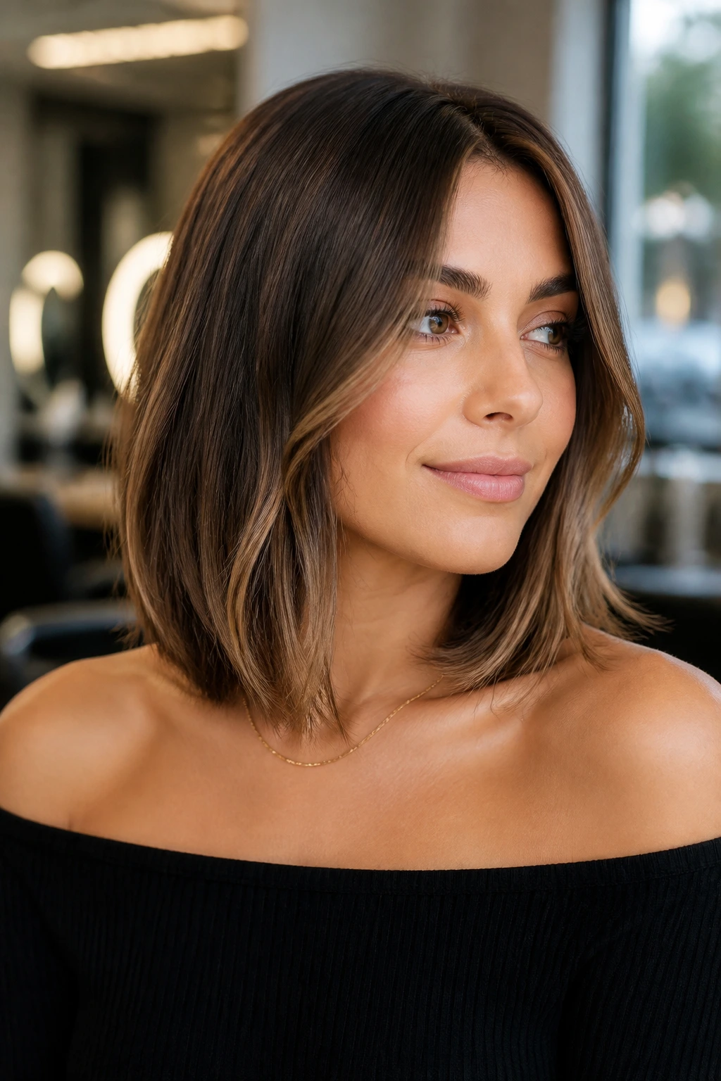 Close-up portrait of a real person with a collarbone-length lob haircut in a chic salon.