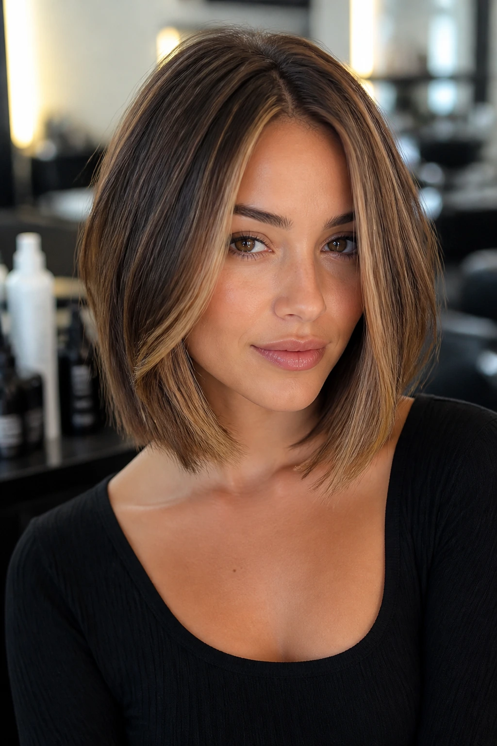 Real woman with a sleek lob haircut in a softly lit salon