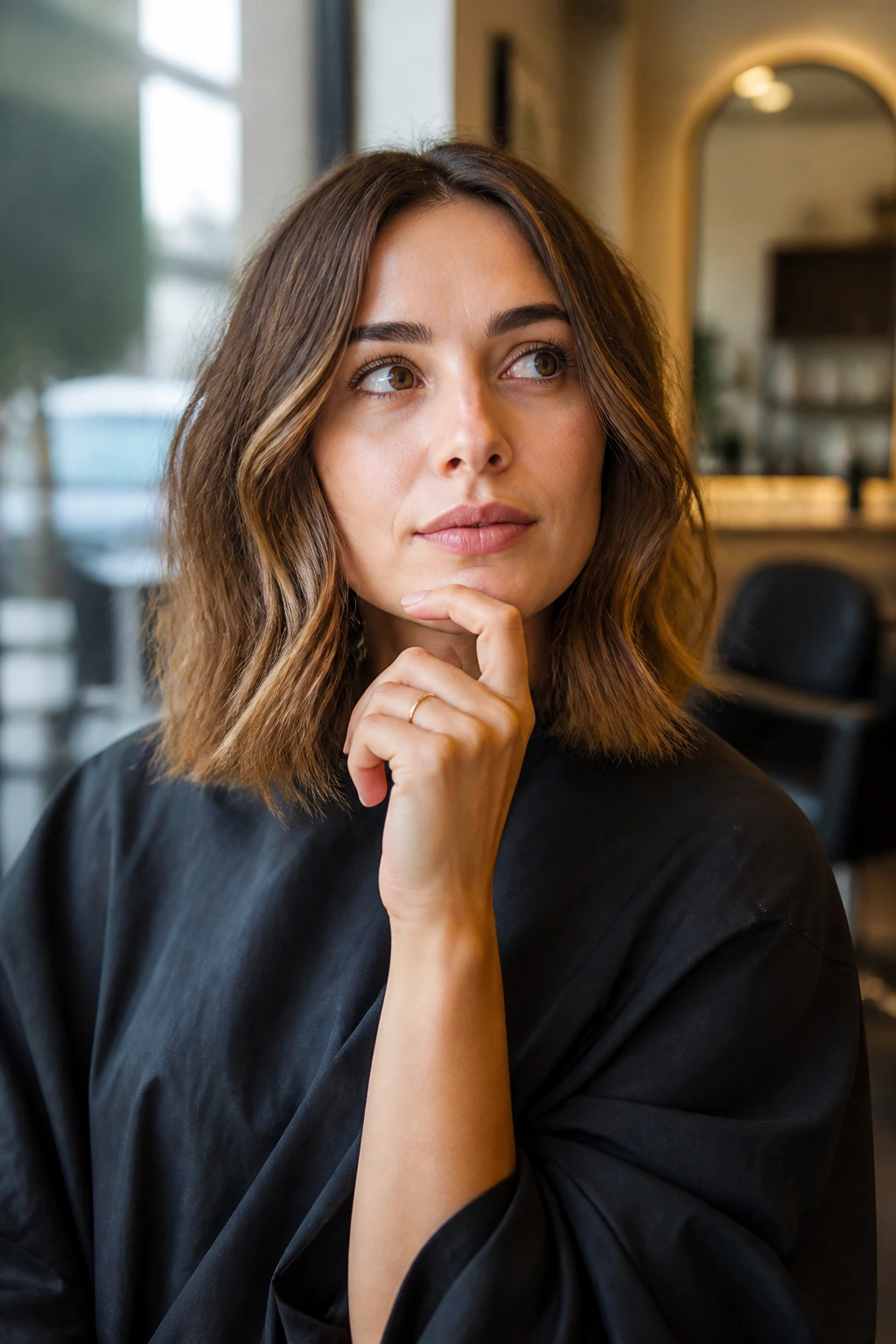 Close-up portrait of a real person in a salon contemplating a lob haircut