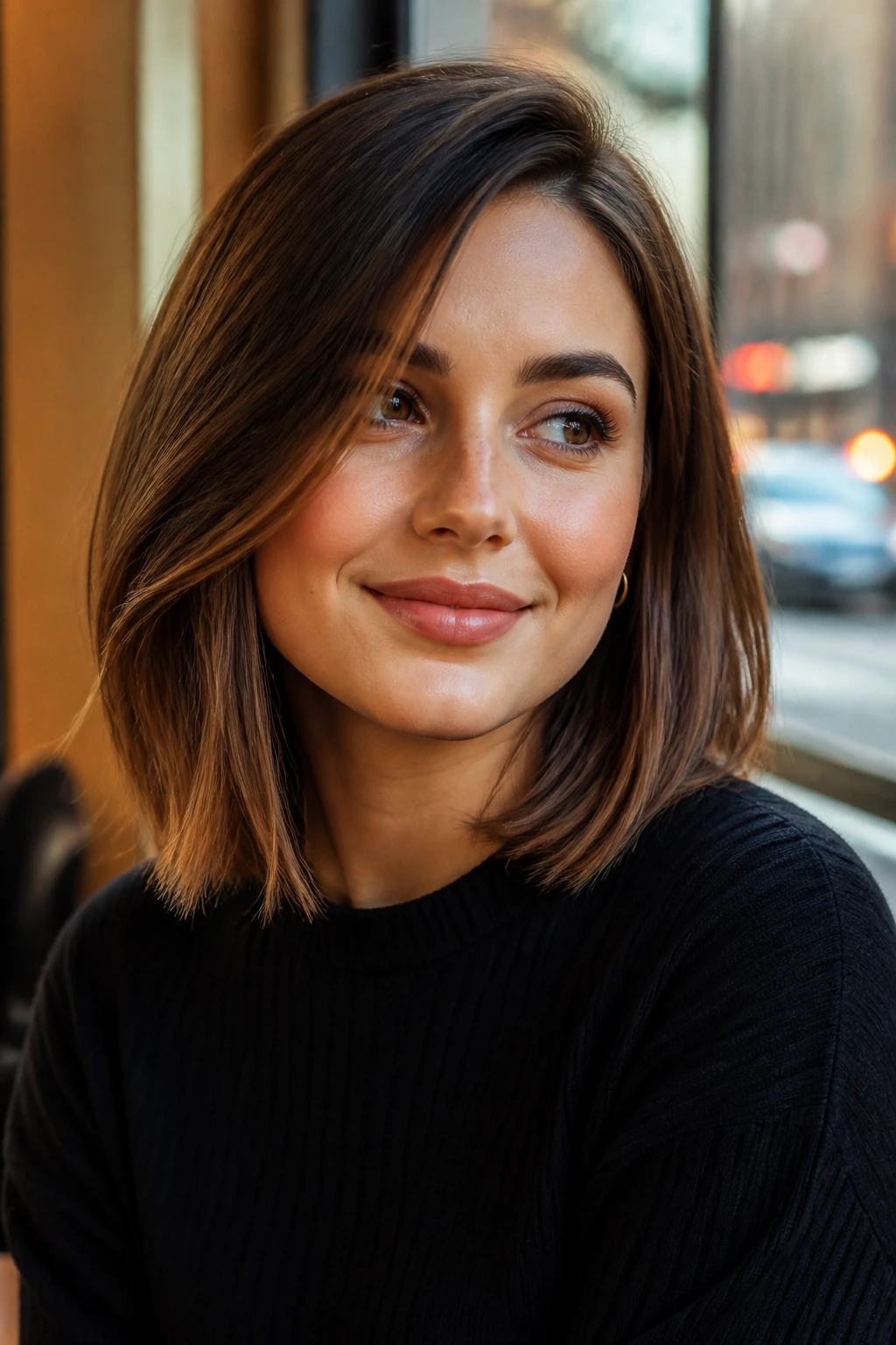 Portrait of a real woman with a collarbone-length lob flattering a round face.