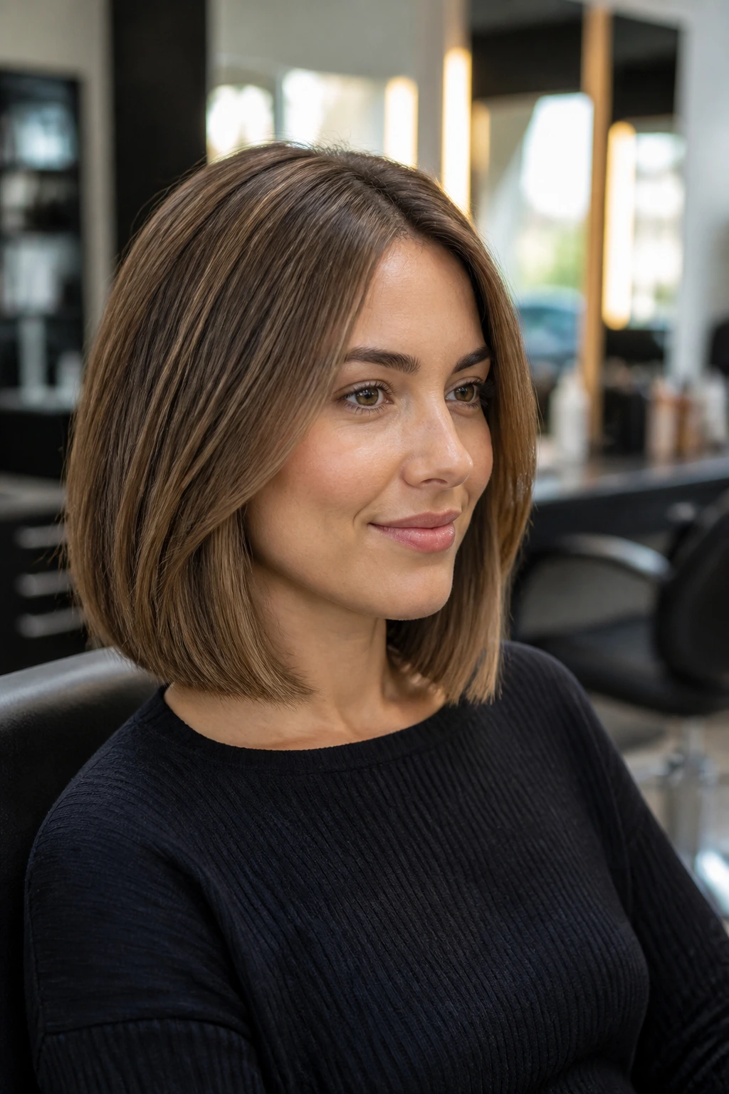 Close-up of a real woman in a salon chair with a collarbone-length lob and blunt perimeter.