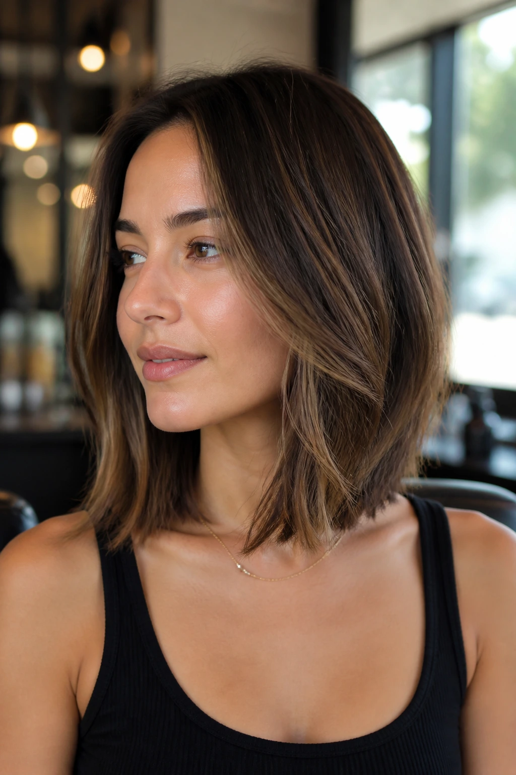 Close-up portrait of a real woman with a collarbone-length lob haircut in a softly lit salon