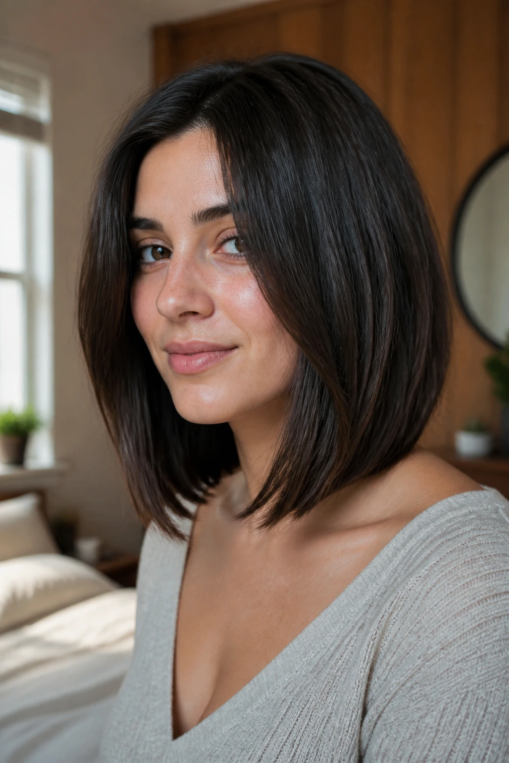 Close-up portrait of a real person with a shoulder-length lob haircut in natural window light.