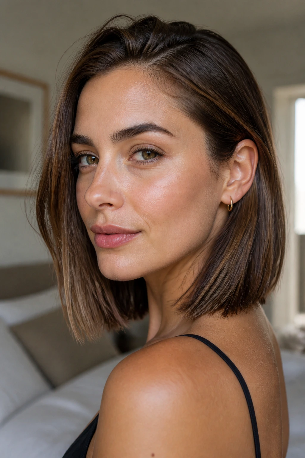 Close-up of a woman with hair tucked behind one ear highlighting cheekbone and jawline