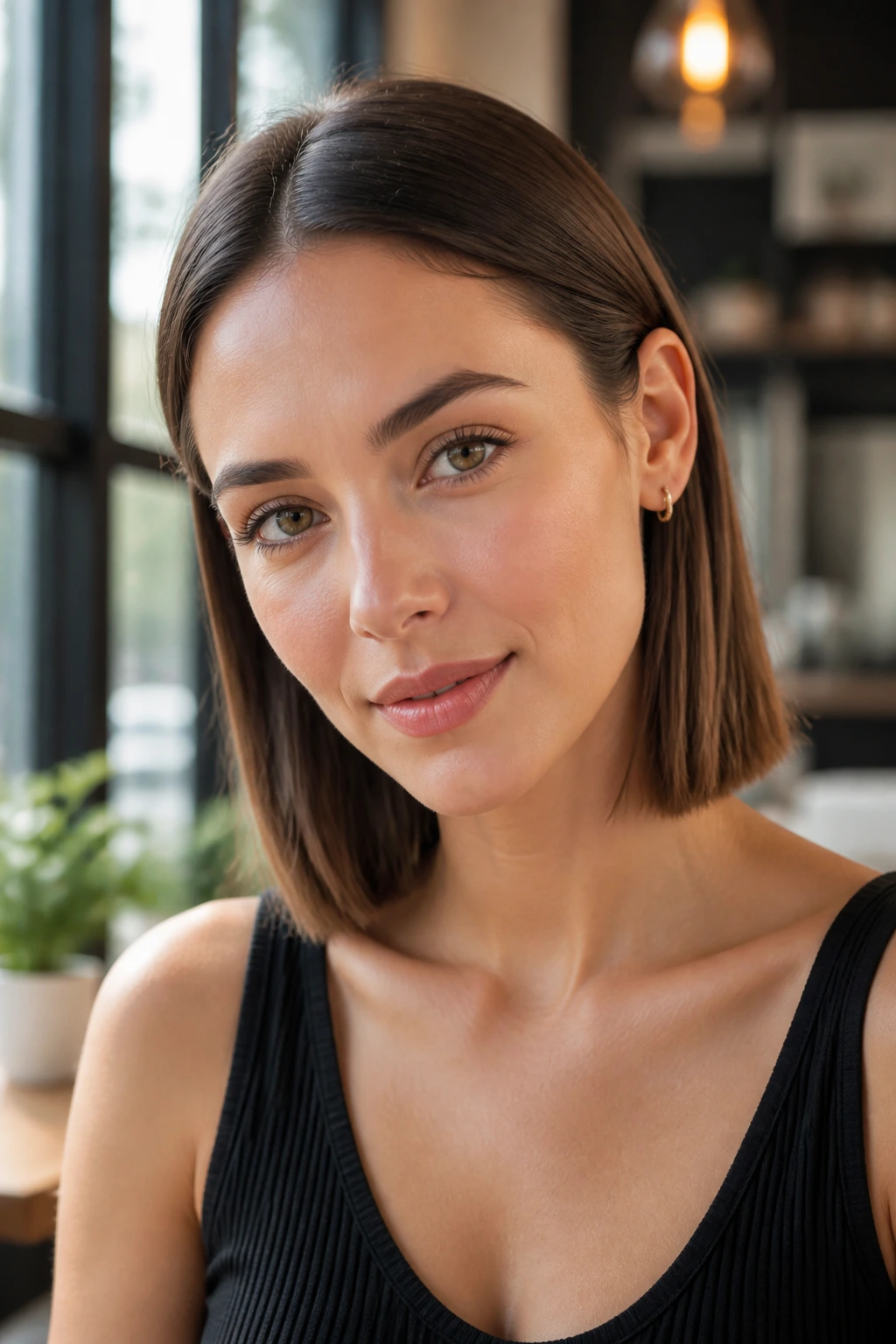 Portrait of a woman with a lob haircut tucked behind the ears, face fully visible.
