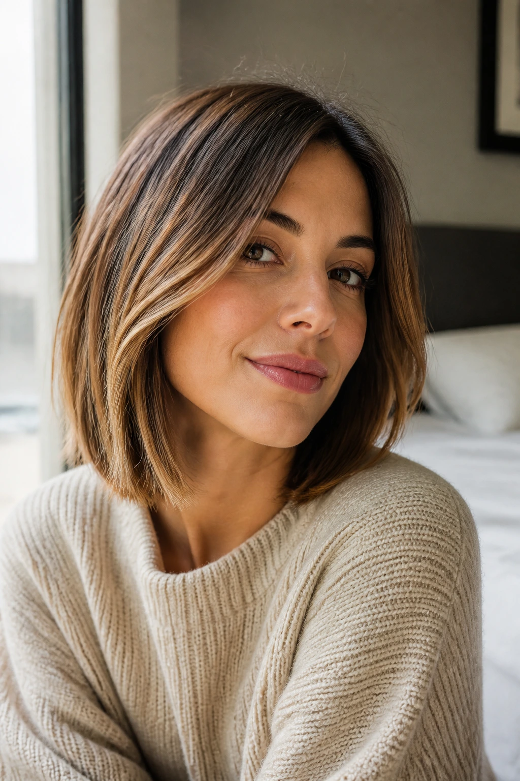 Close-up portrait of a real woman with a lob haircut by a bedroom window