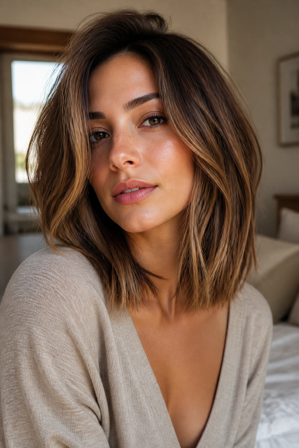 Close-up portrait of a real person with a collarbone-length lob in warm bedroom light