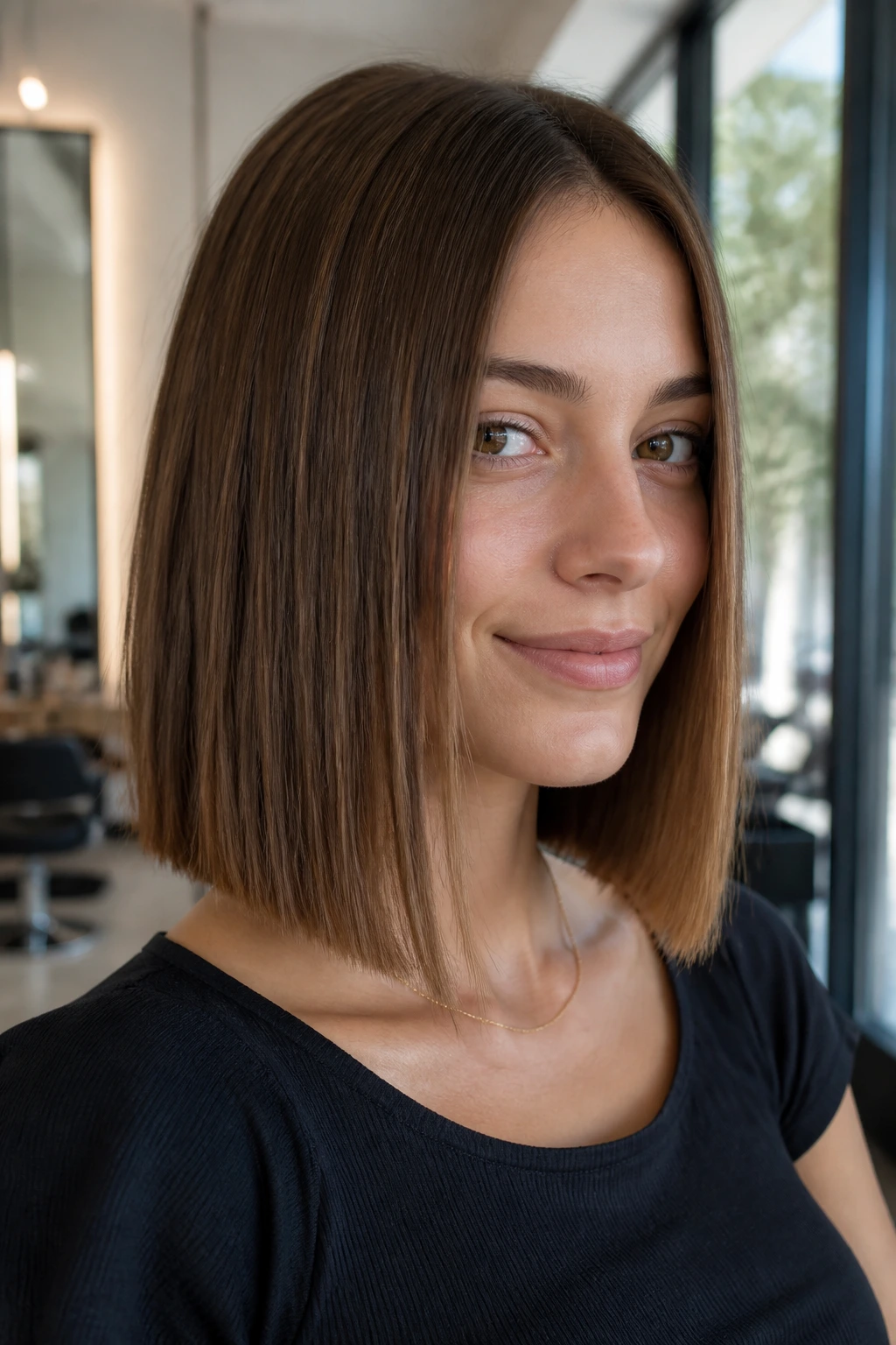 Close-up portrait of a real woman with straight hair and a crisp lob in a sunlit salon