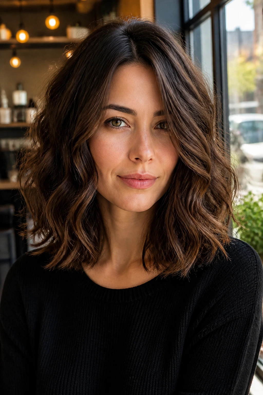 Portrait of a real woman with a classic lob on thick, wavy hair.
