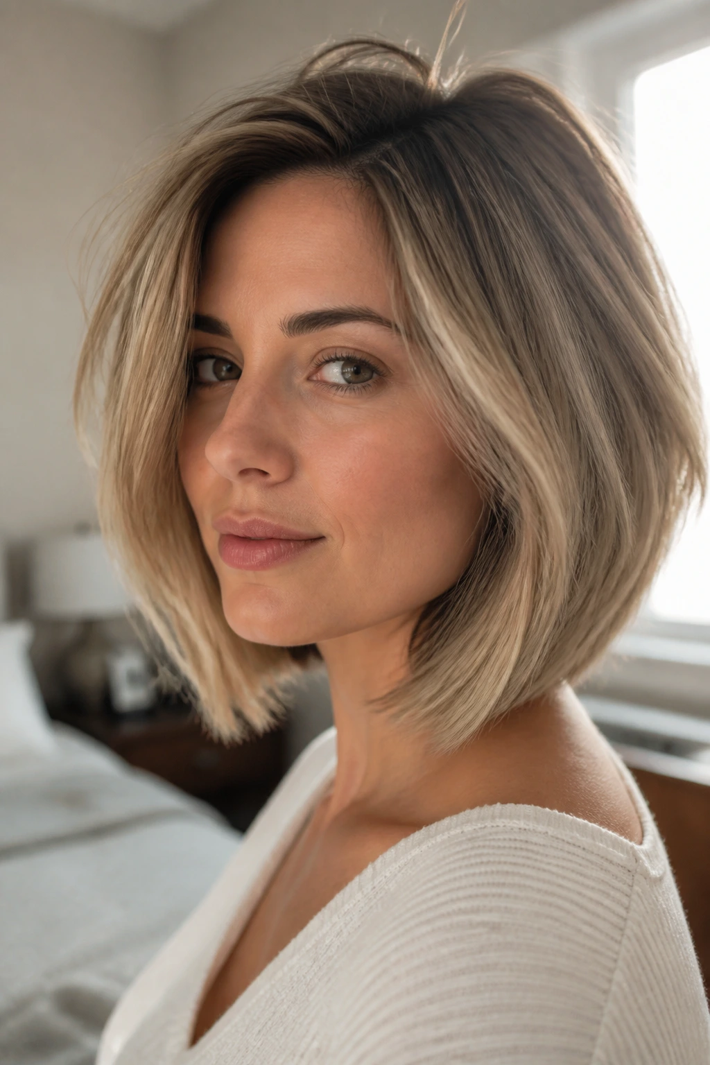 Close-up of a real person with a collarbone-length lob showing crown lift