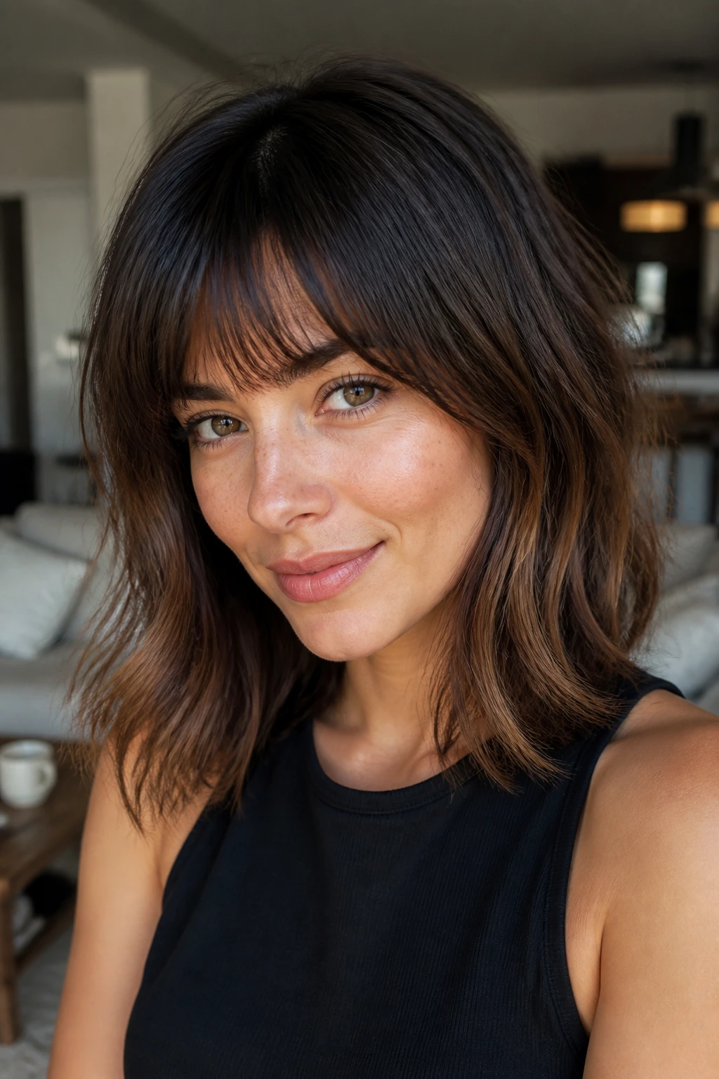Portrait of a person with an effortless lob hairstyle and minimal styling