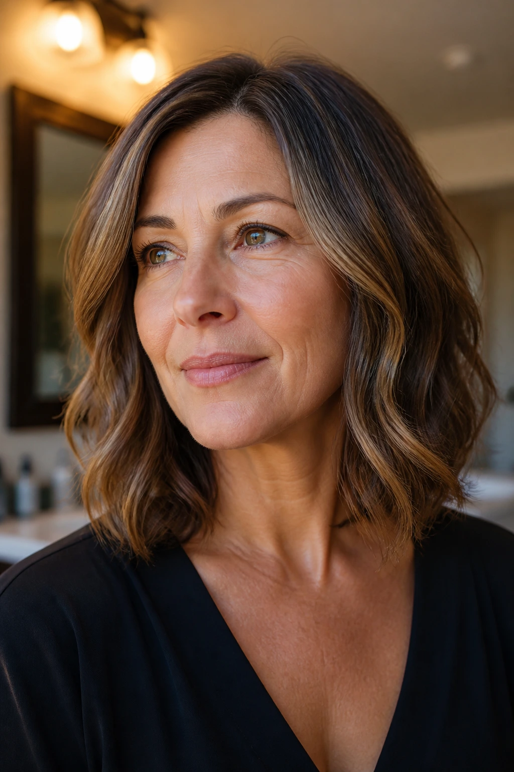 Portrait of a woman with a chic lob hairstyle kept between salon visits.