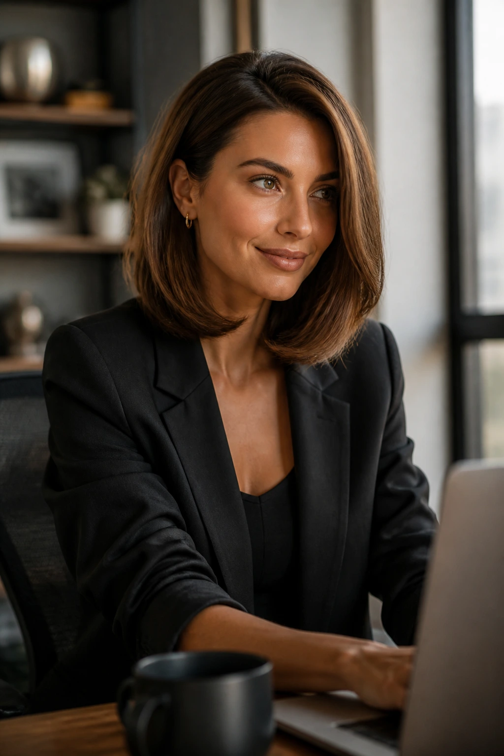 Real woman with lob hairstyle seated at desk by window