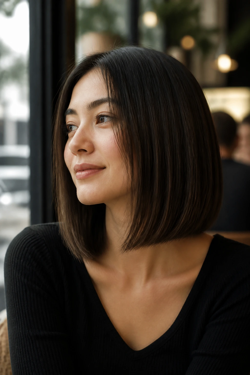 Portrait of a real woman with a straight collarbone-length lob by a cafe window.