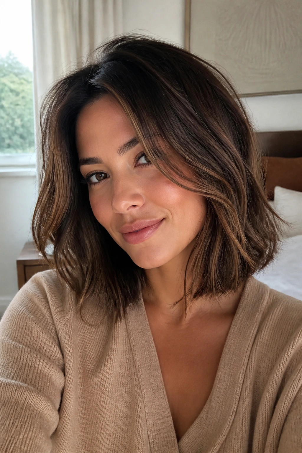Close-up portrait of a real woman with a shoulder-length lob hairstyle, natural lighting and soft waves