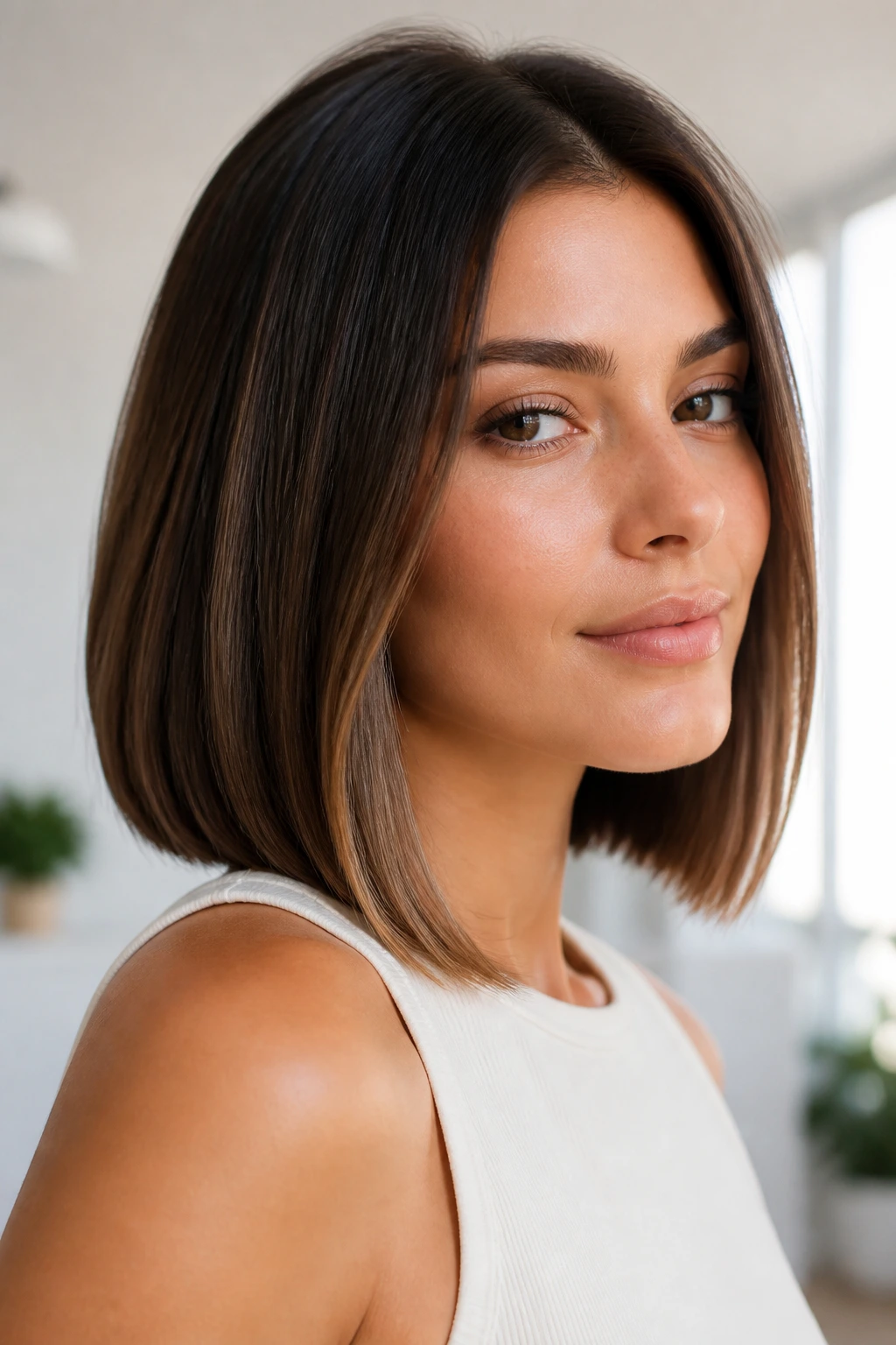 Real woman with a sleek lob styled simply in natural light