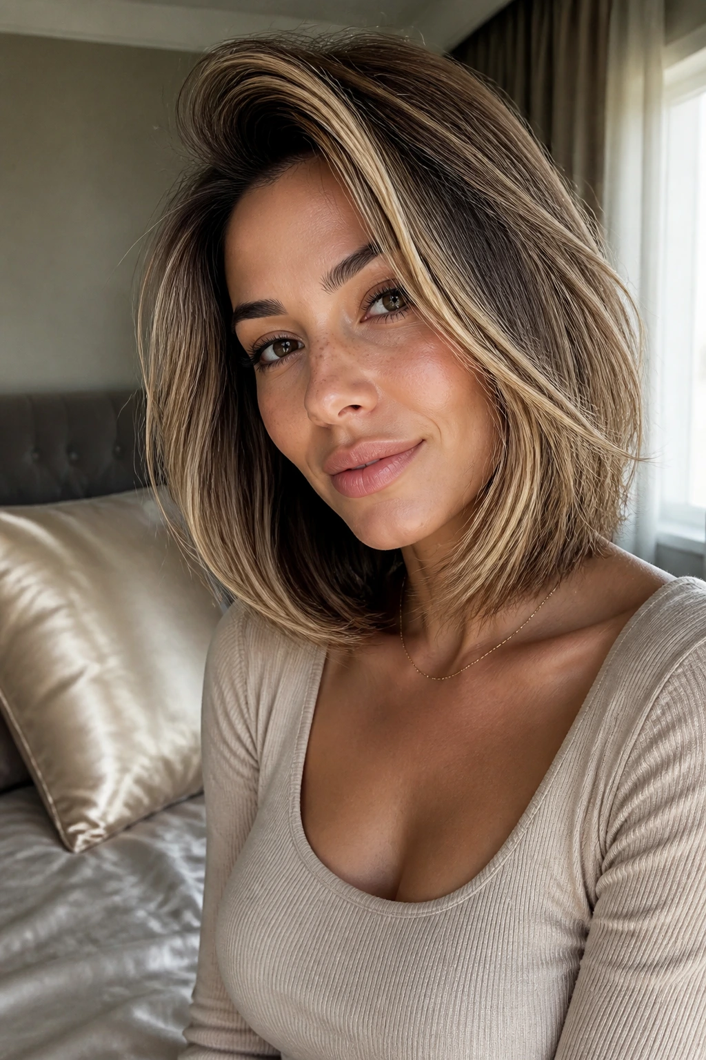 Close-up of a real woman's lob with crown lift in a bedroom setting.