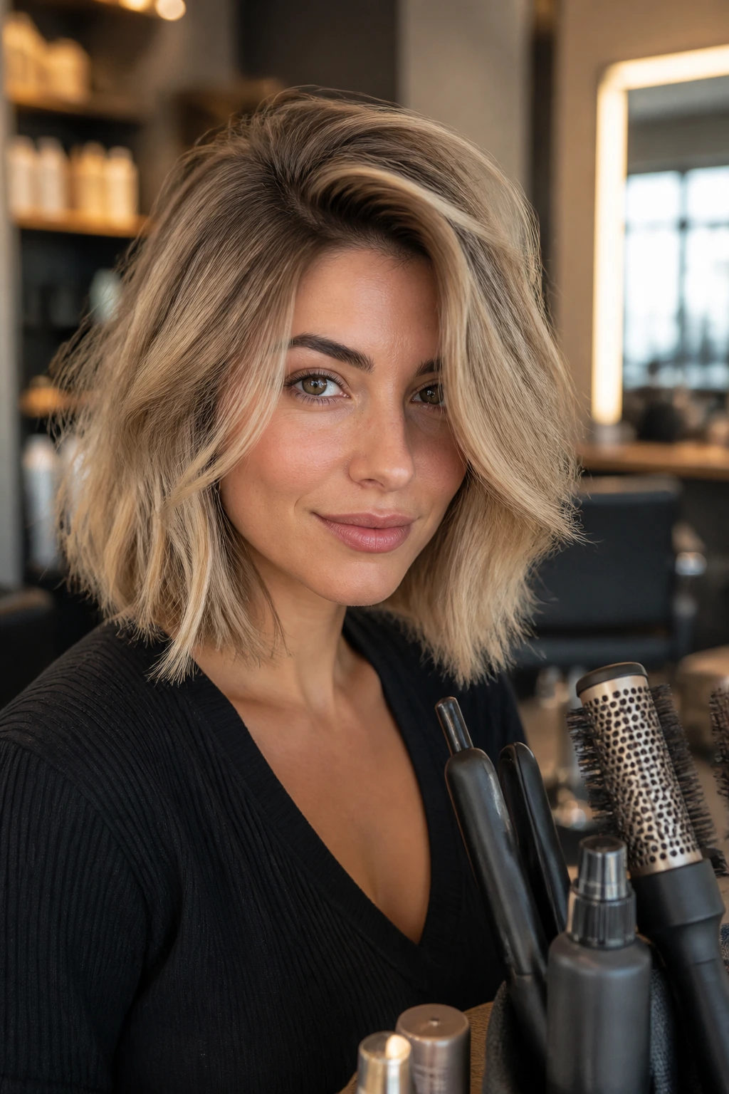 Portrait of a real person with a voluminous lob in a salon setting