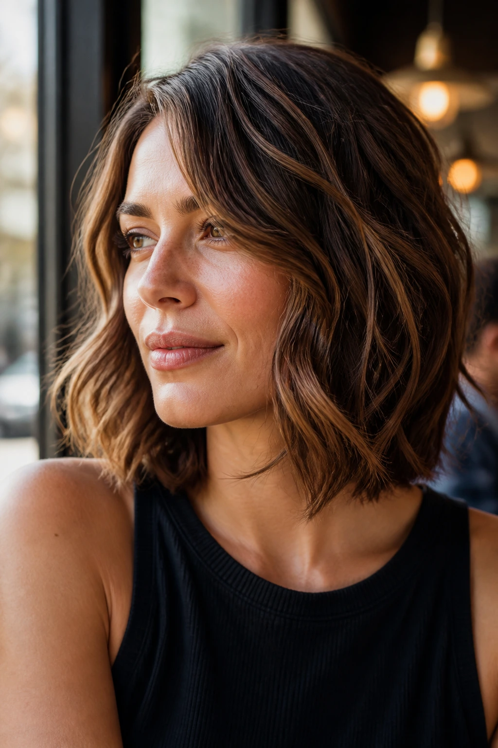 Portrait of a real woman with a softly layered lob and natural waves.