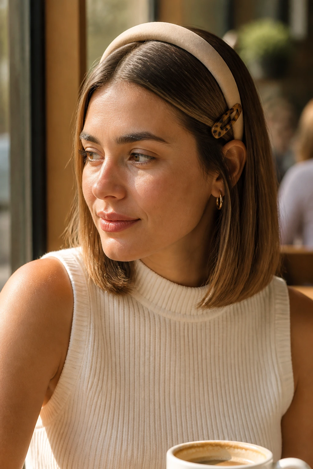 Close-up of a real woman's shoulder-length lob featuring a bold headband.