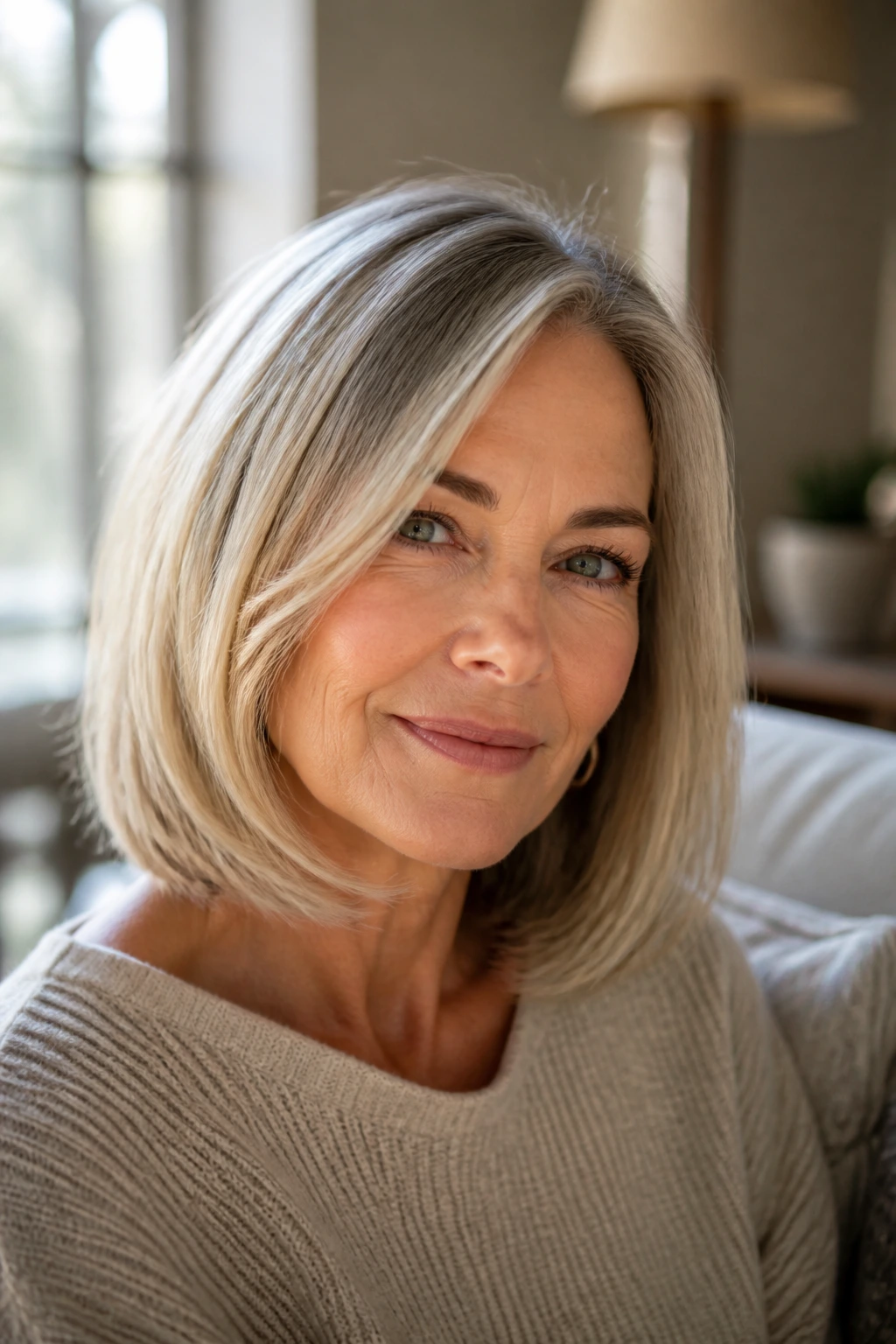 Close-up of a real woman with a long bob styled for home wear, in a sunny living room.