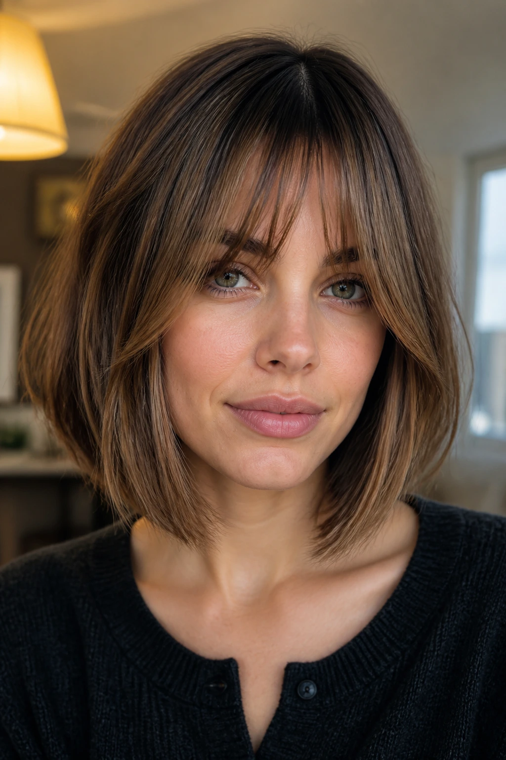 Close-up of a real woman with a long bob and bottleneck bangs in soft lighting