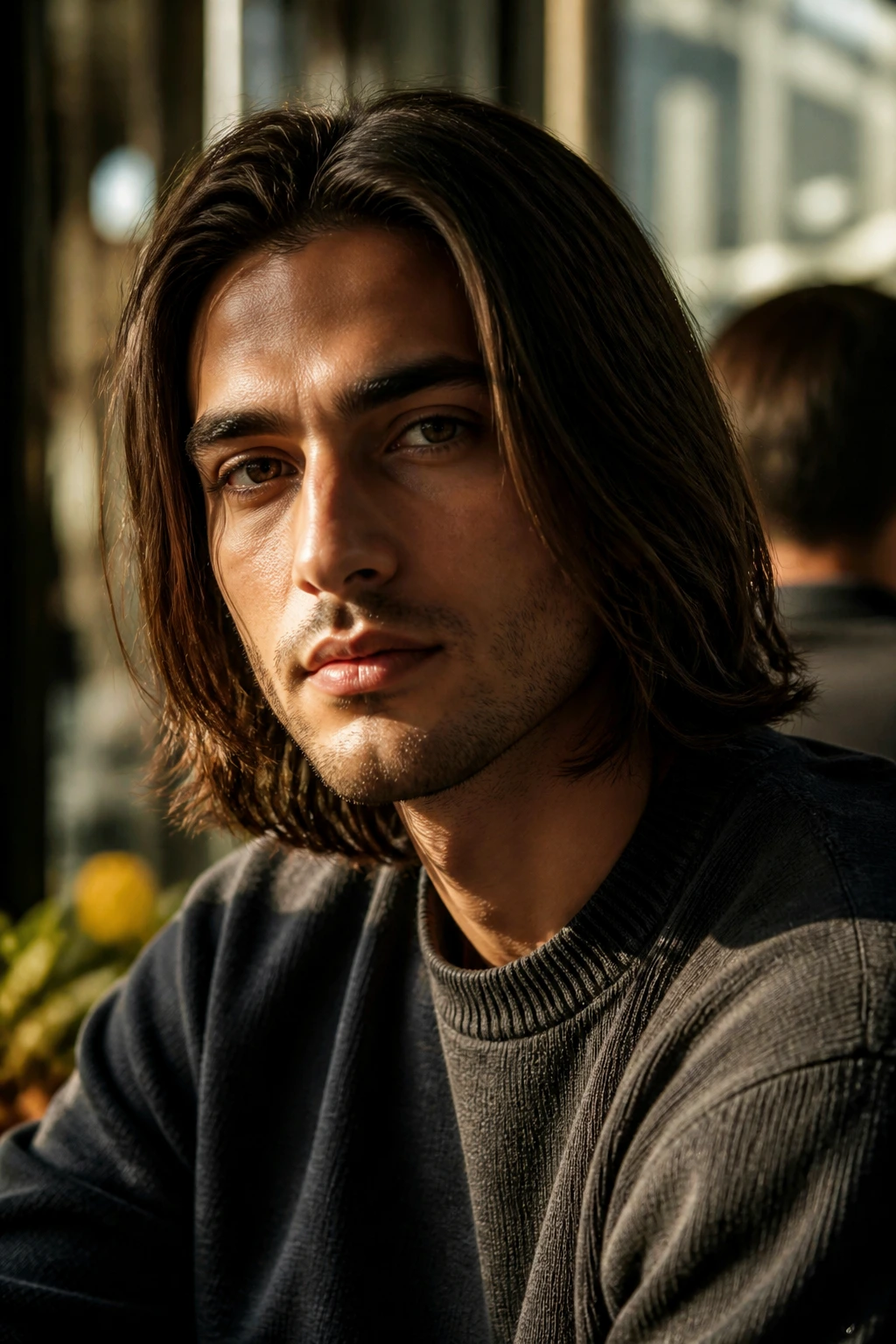 Close-up of a man with a jaw-skimming lob in a sunlit cafe window