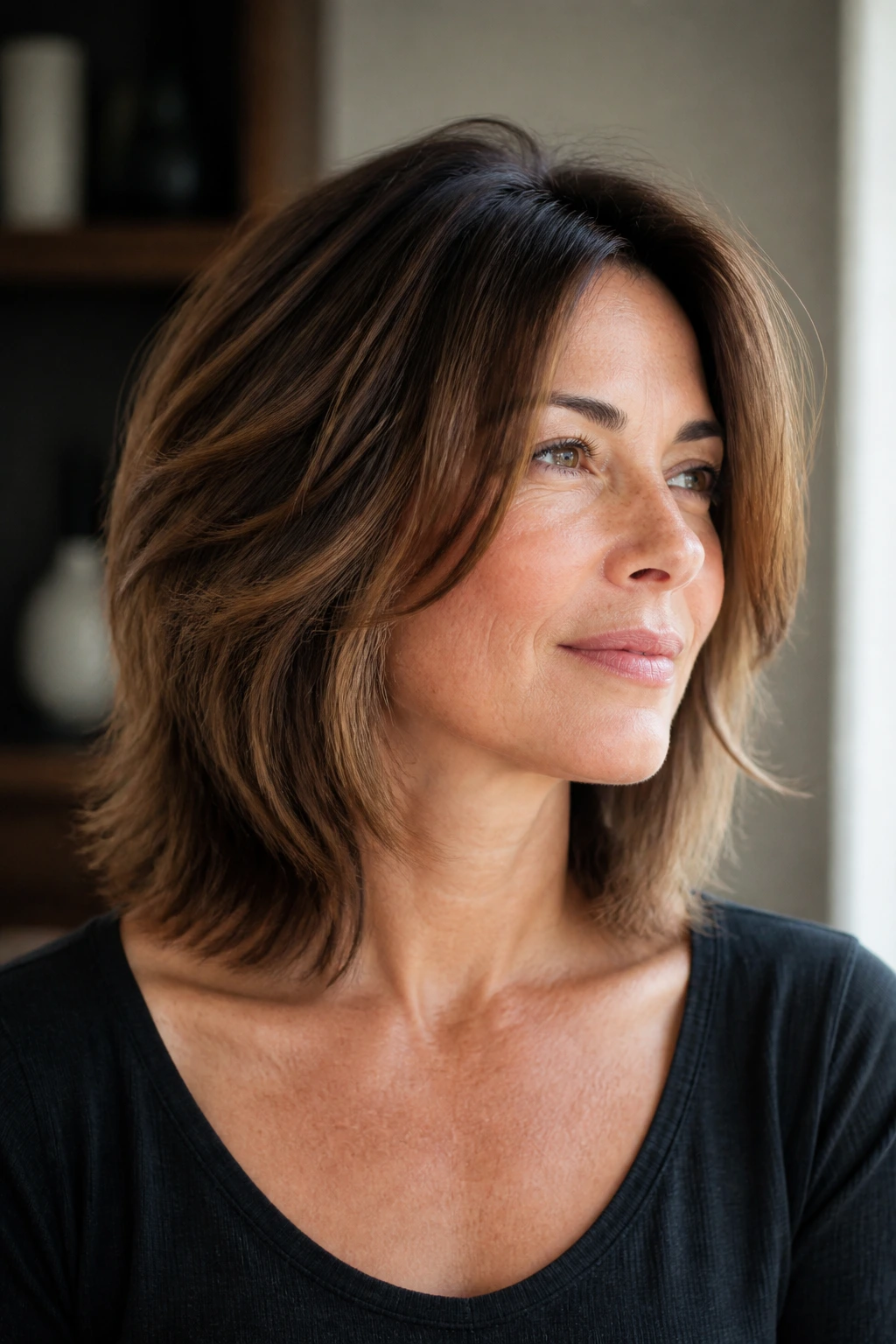 Portrait of a real woman showing hair layers affecting the lob silhouette and volume.