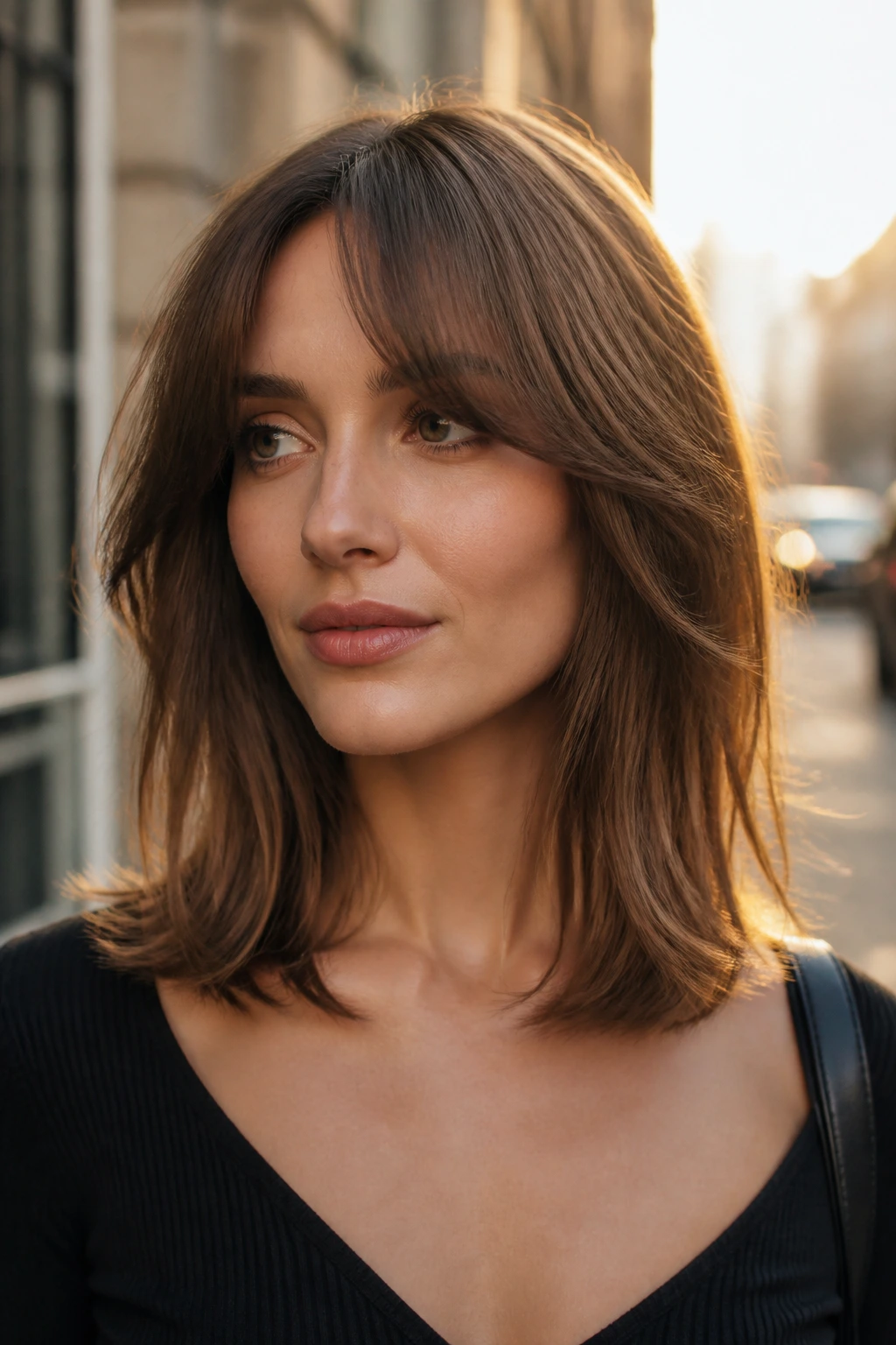 Close-up of a real woman with lob-length collarbone curtain bangs