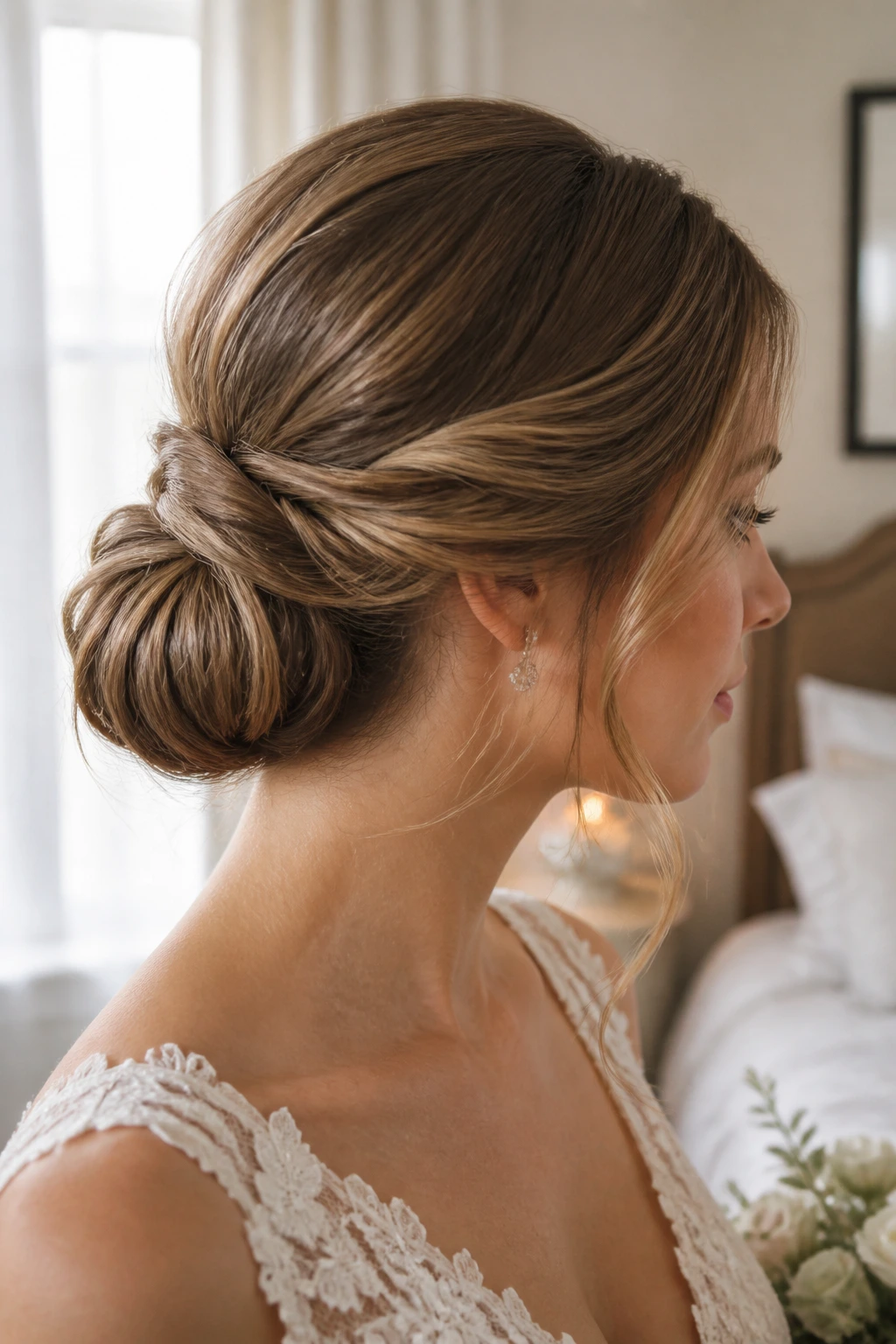 Close-up of a real bride with a lob-length low bun.