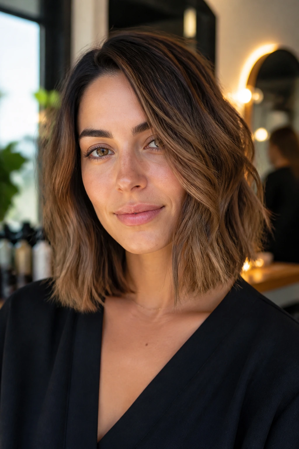 Real woman showing desired collarbone-length lob and front placement for salon request