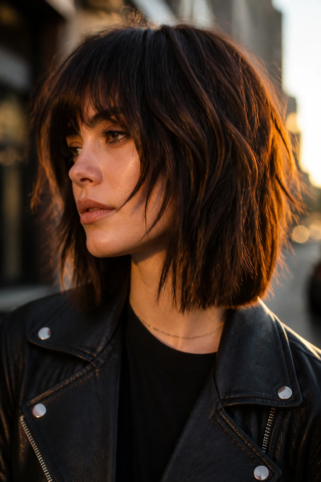 Close-up of a real person with a lob-length wolf cut and blunt perimeter