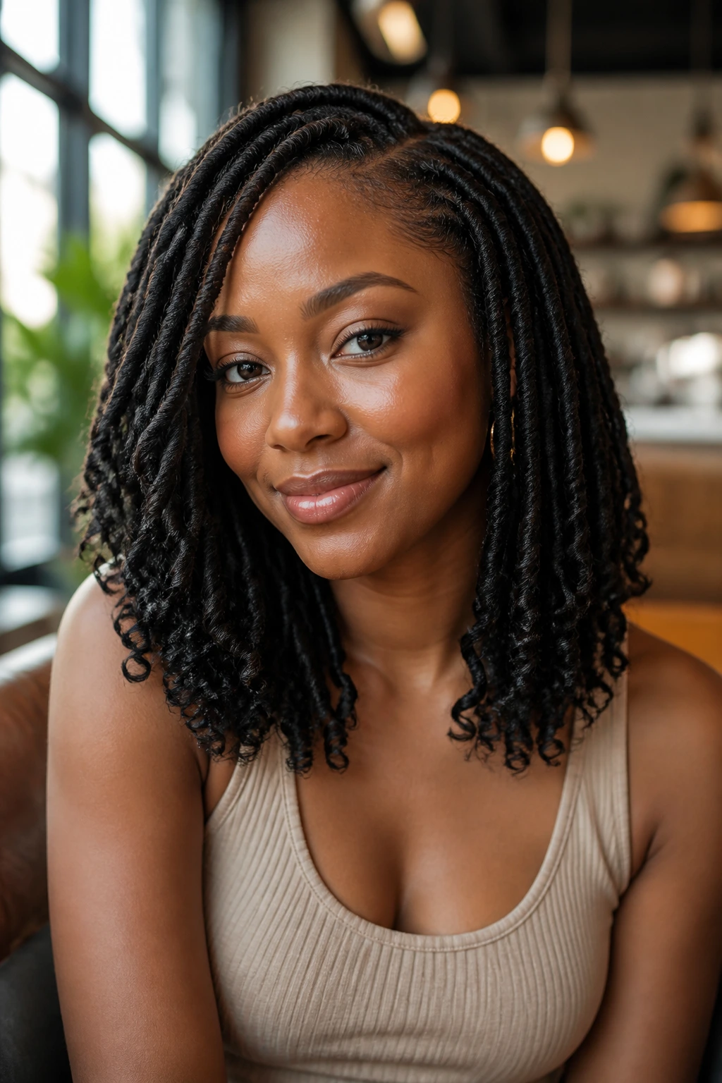 Close-up portrait of Lob-Length Goddess Locs with Curly Ends on a real woman.