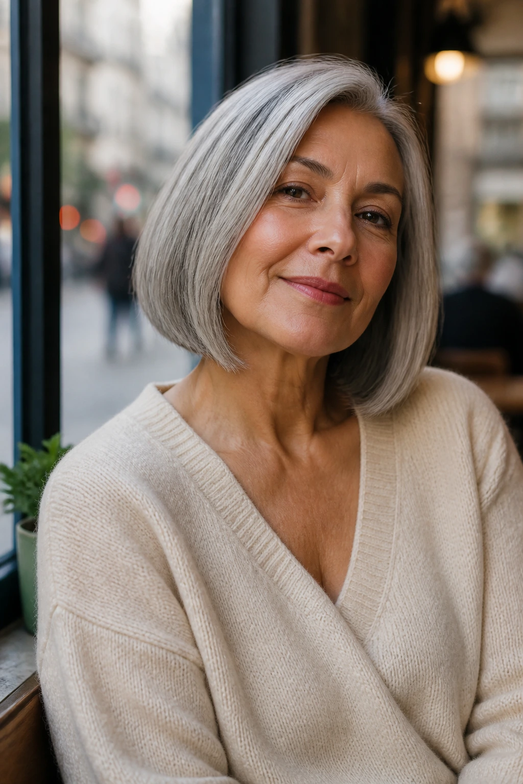 Woman with collarbone-length low-maintenance lob hairstyle in a cafe window setting