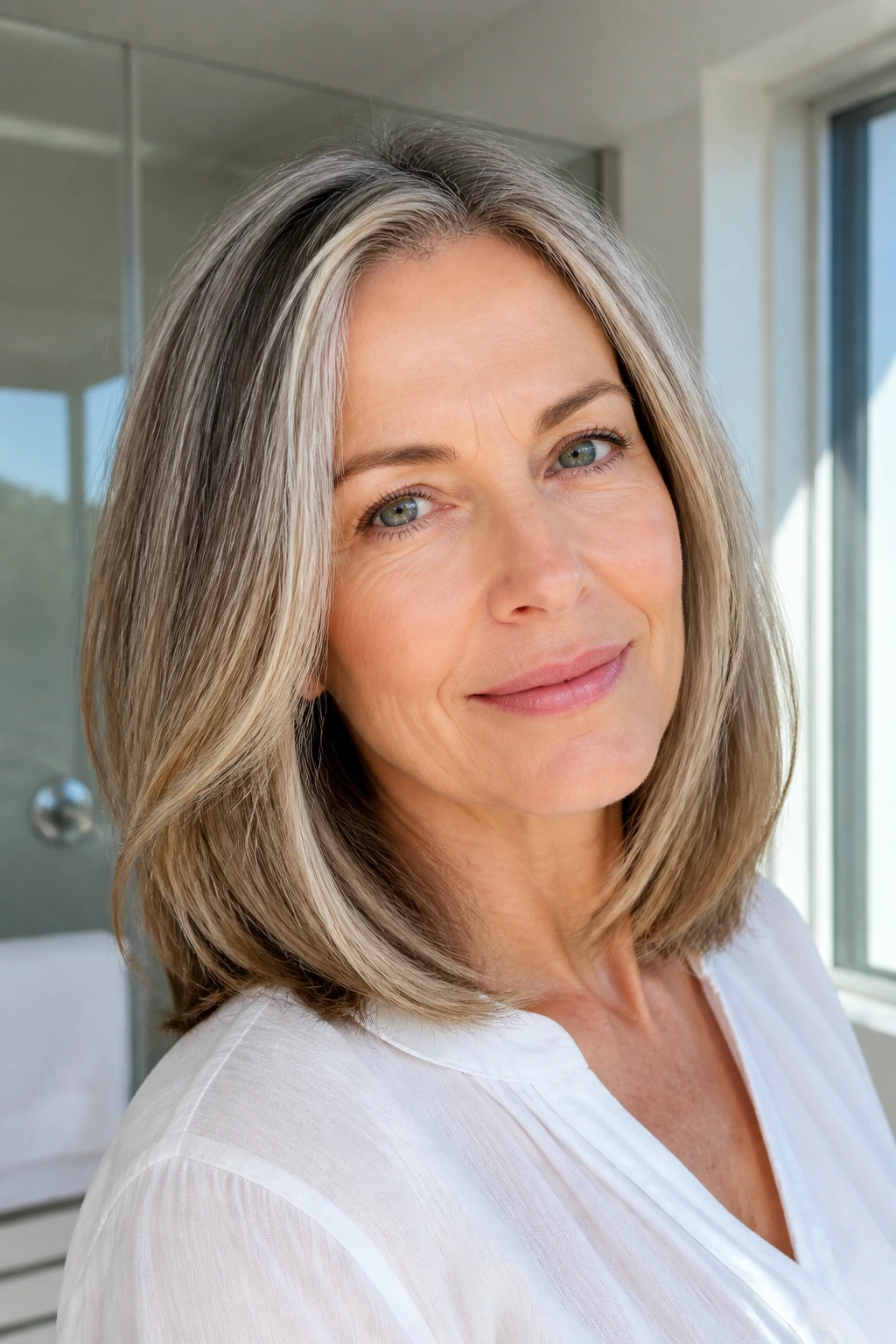 Portrait of a woman with a crisp long bob showing well-defined ends and healthy shine.