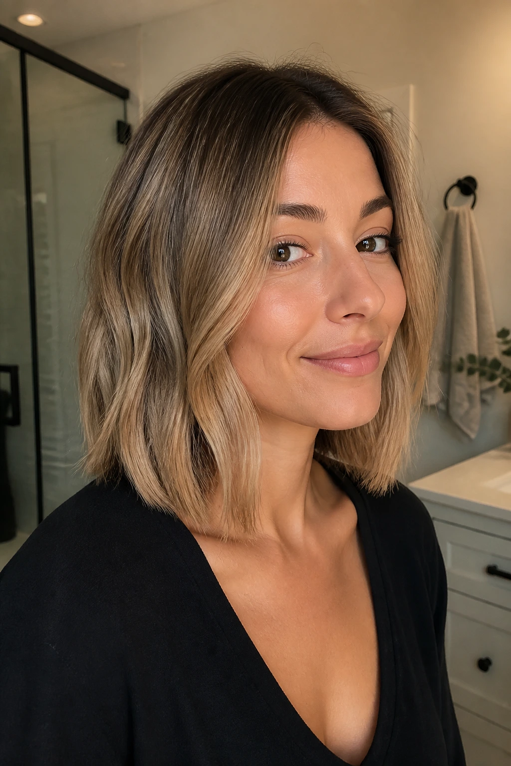 Real person with a neatly trimmed lob showing healthy ends in a bathroom setting.