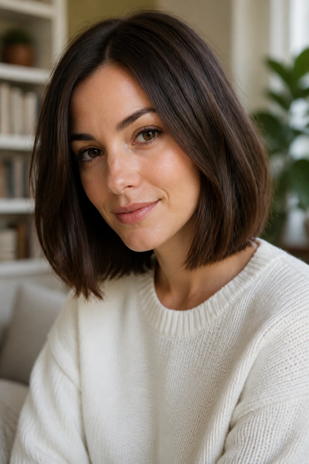 Portrait of a woman with a crisp lob between salon visits