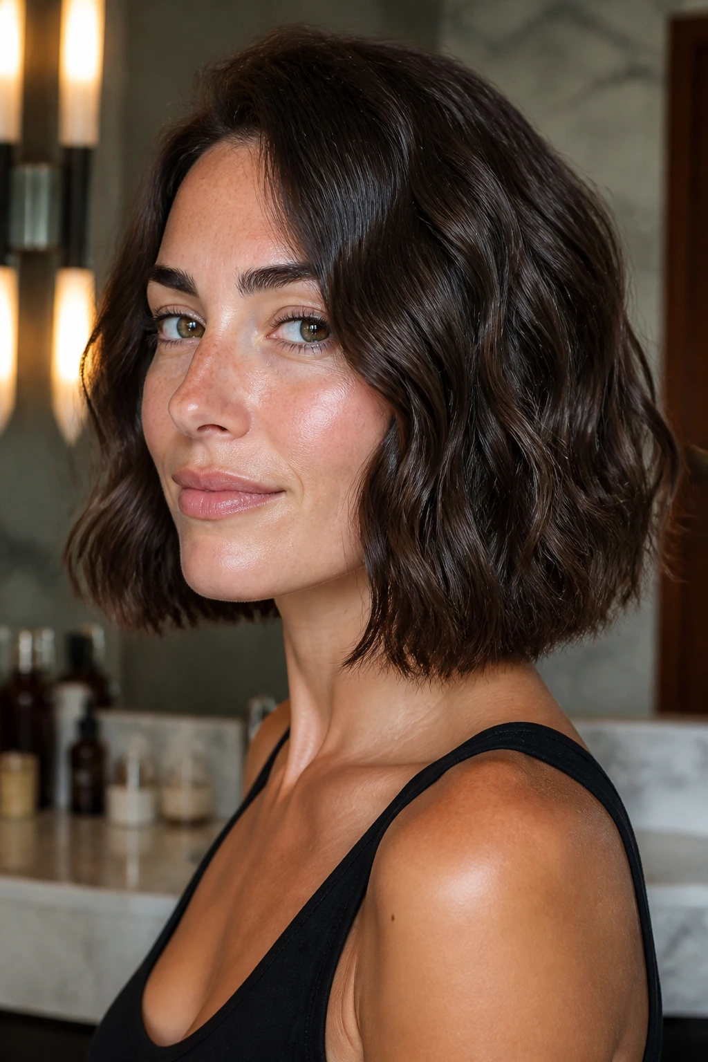 Close-up of a real woman with a thick, wavy lob showing crisp perimeter in a warm bathroom setting
